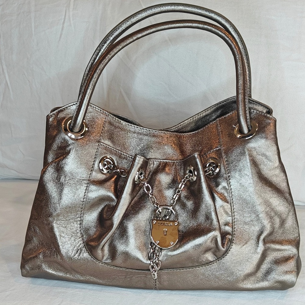 Furla Shoulder Bag Bronze Metallic Genuine Leather Italian Satchel Handbag Purse